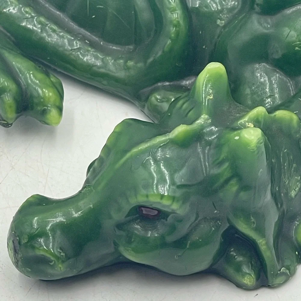 Vintage Unburnt Wax Candle Mythical Green Dragon Shaped Reptile w/Red Glass Eyes